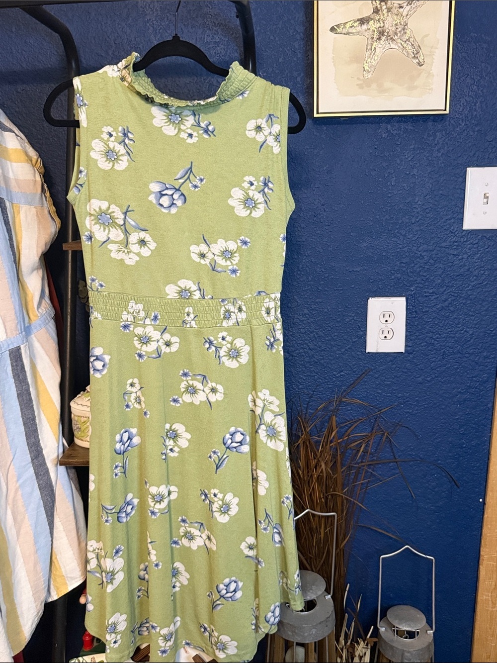 Green Floral Midi Dress with Smocked Waist